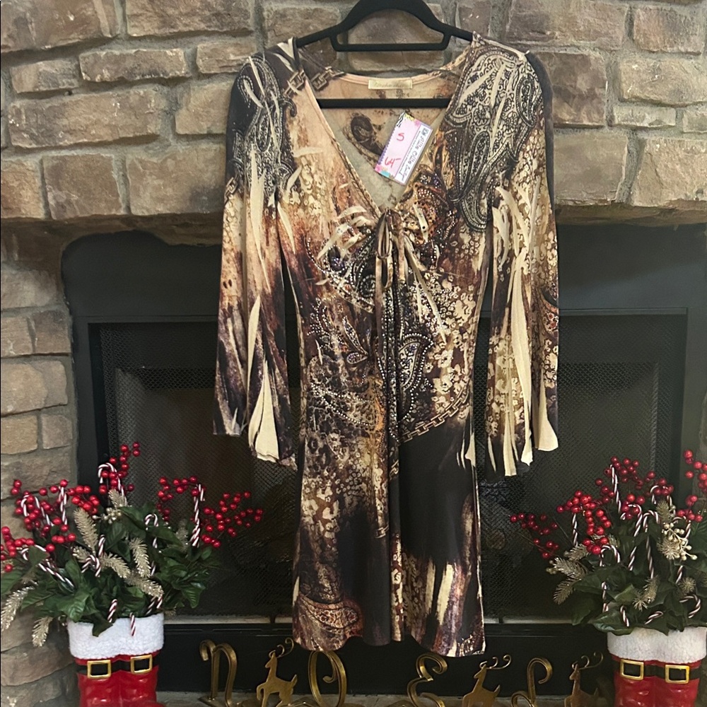 BOHO CHIC. Brown and Cream Long Sleeve Dress